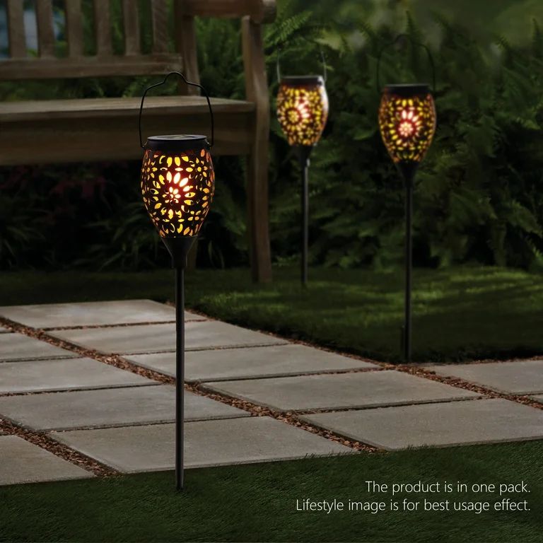 Mainstays Outdoor 22.3" H x 4.1" L x 4.1" W Solar Black Metal Flickering LED Pathway Light | Walmart (US)