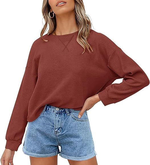 ZESICA Women's Long Sleeve Waffle Knit Crew Neck Casual Loose Comfy Pullover Tunic Blouse Tops | Amazon (US)