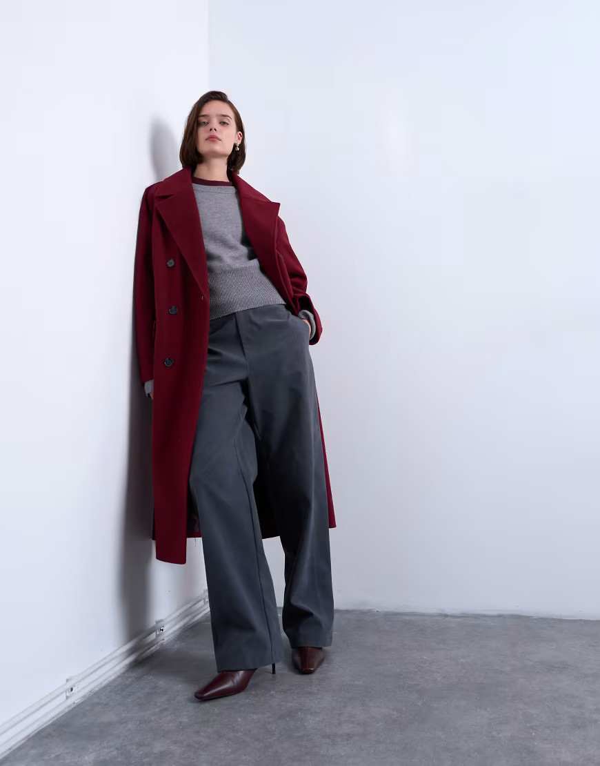 Topshop clean double breasted longline coat in burgundy-Red | ASOS (Global)