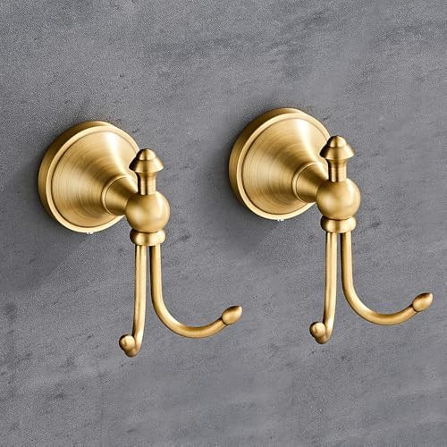 2 Pcs Pack Antique Brass Towel Hook Vintage Coat Hook with 2 Hooks Wall Mounted Robe Hooks for Ba... | Amazon (US)