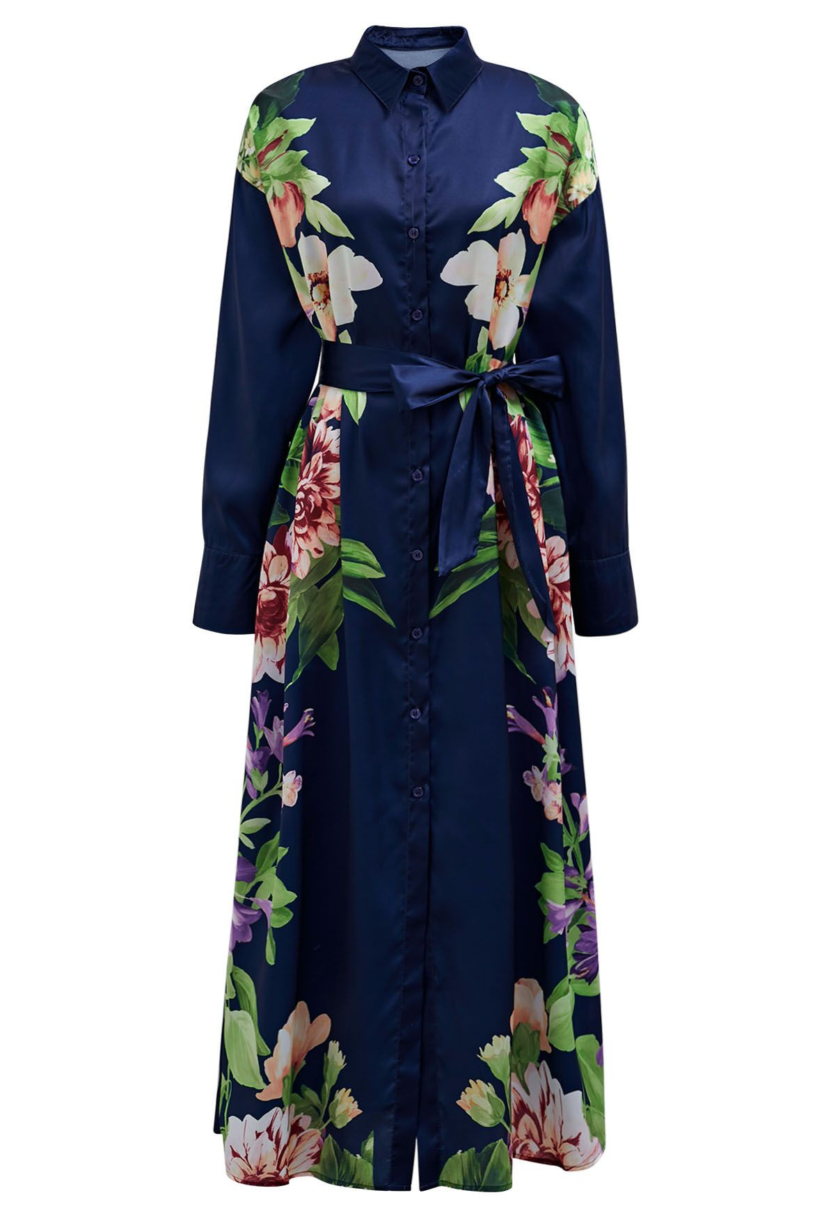 Enchanting Blossom Printed Shirt Dress in Navy | Chicwish