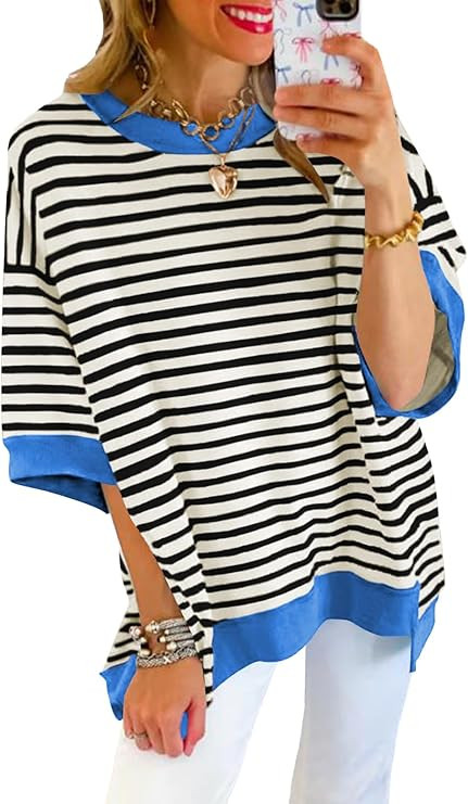 Poetsky Womens Oversized Tops Casual Short Sleeve Striped Shirts Summer Crewneck Pullover Sweatsh... | Amazon (US)