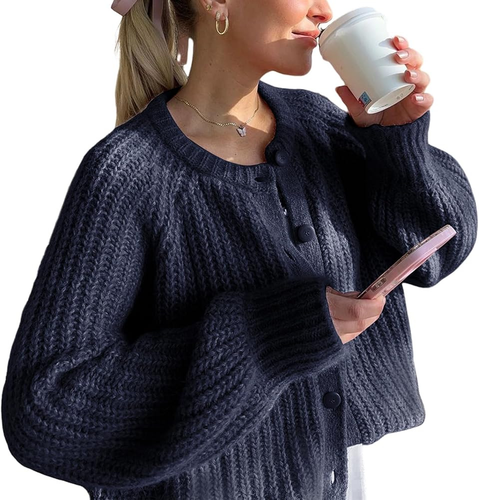 Yimoon Womens Y2K Cardigan Sweater Crewneck Long Sleeve Button Down Cropped Knit Cardigan Outwear... | Amazon (US)