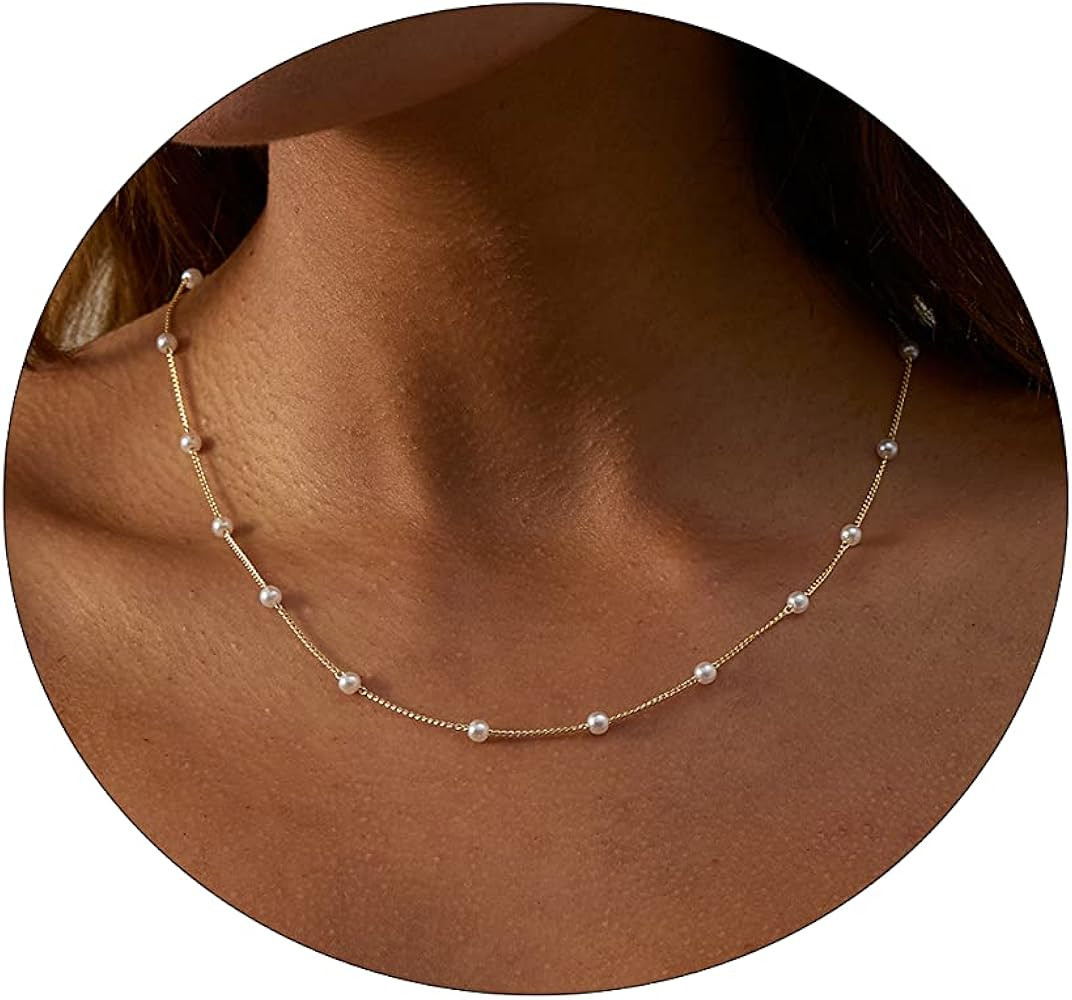 CAROVO Dainty Pearl Pendant Necklaces for Women 14k Gold Plated Barque Pearl Chain Necklace Delic... | Amazon (US)