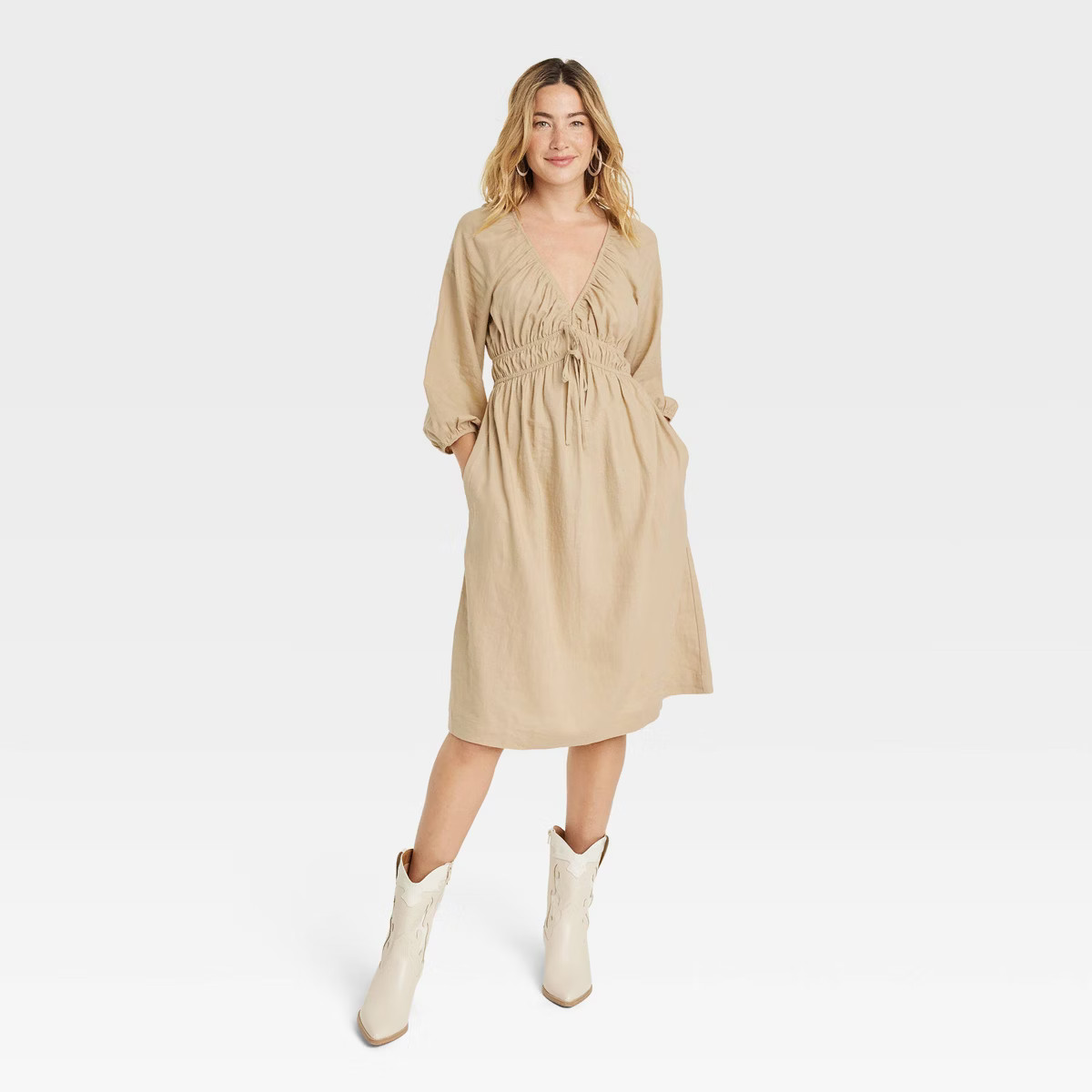 Women's Tie-Front Puff 3/4 Sleeve Midi Dress - Universal Thread™ | Target