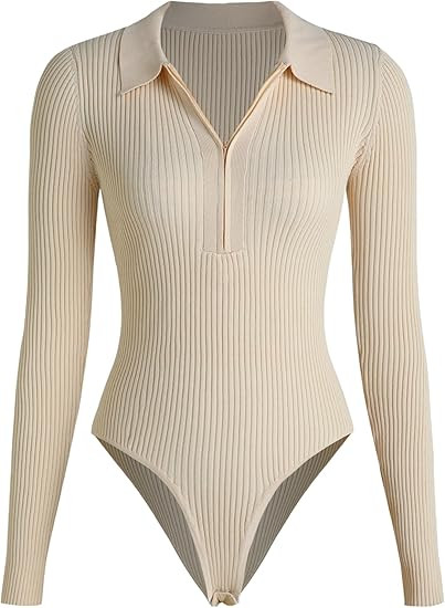 CIDER Women’s Long Sleeve Collared Zip Up Ribbed Knit Casual Bodysuits Slim Fit Tops | Amazon (US)