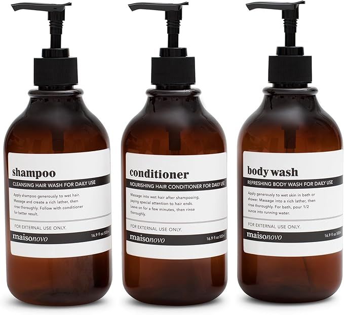 MaisoNovo Refillable Shampoo and Conditioner Bottles | 3 Amber Apothecary Black Pumps Dispenser |... | Amazon (US)