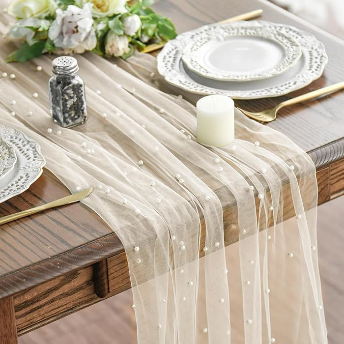 Artoid Mode Pearl Beige Gauze Table Runner 120 Inch 10FT, Seasonal Sheer Dining Holiday Wedding B... | Amazon (US)
