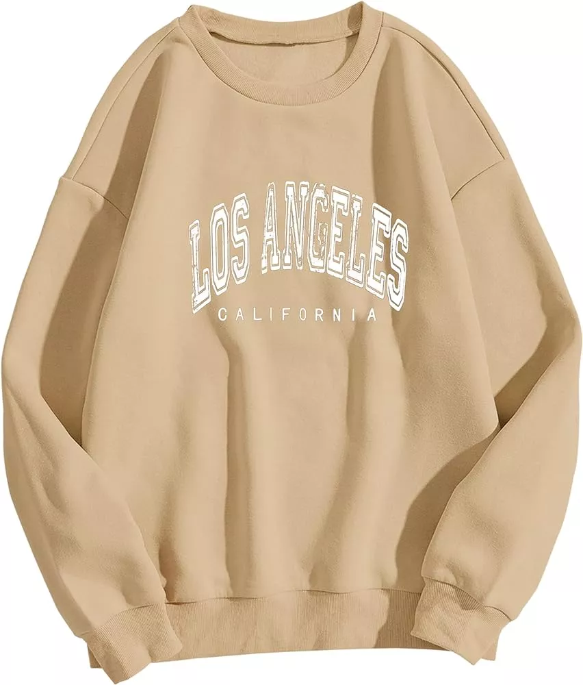 Meladyan Women's Oversized Los Angeles California Letter Print Graphic Pullover Tops Crewneck Long Sleeve Fleece Sweatshirt