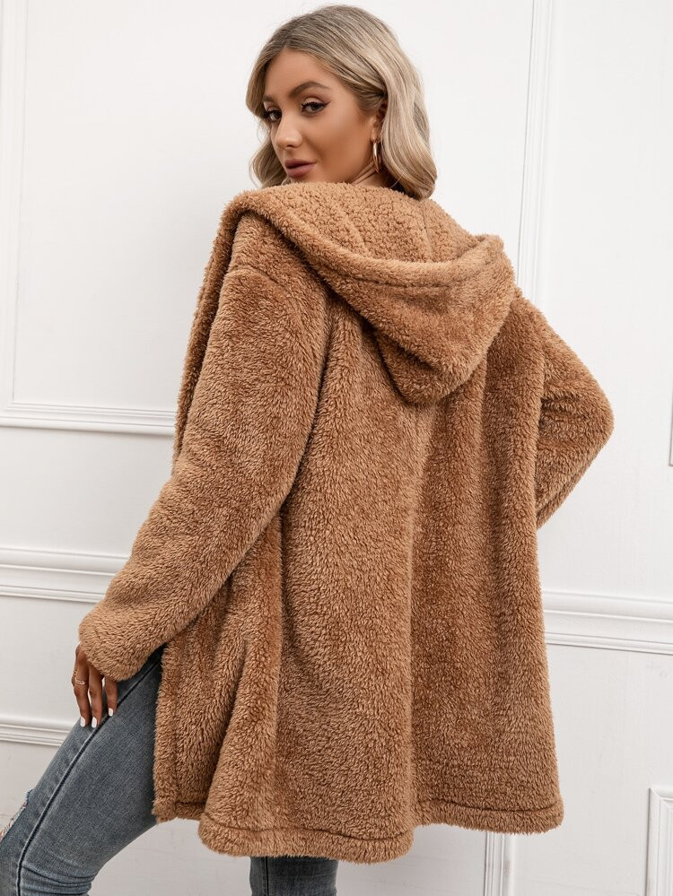 Open Front Hooded Teddy Coat | SHEIN