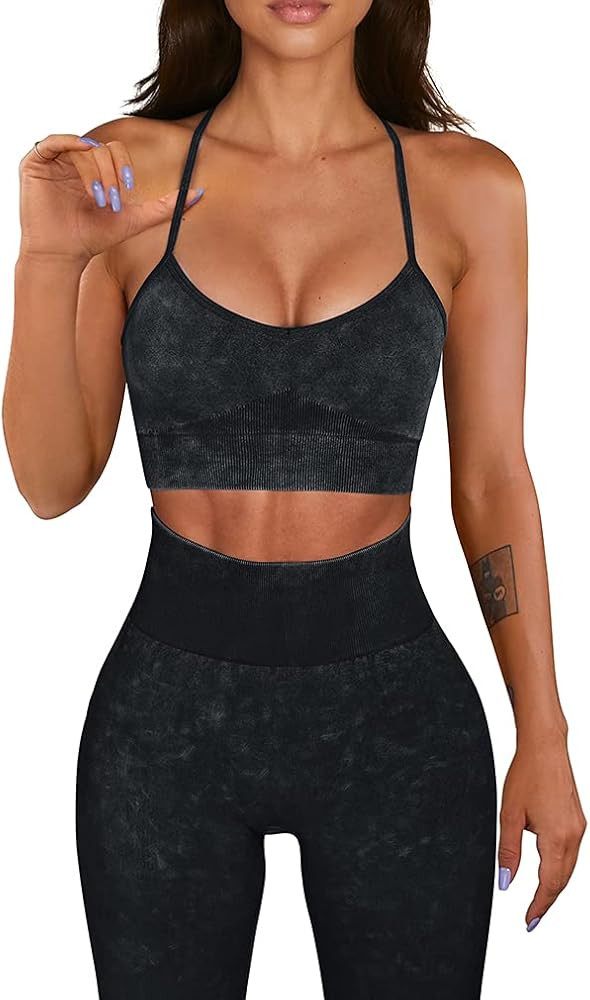 OQQ Workout Outfit for Women 2 Piece Seamless Acid Wash High Waist Leggings With Sports Bra Yoga Set | Amazon (US)