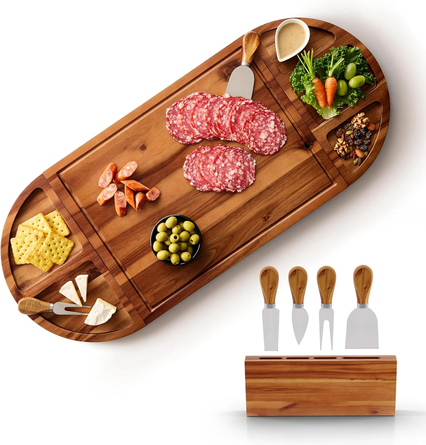 30 Inch Large Acacia Wood Charcuterie Board With 4 Knives Set, Magnetic - 3 Parts Wooden Round Tr... | Wayfair North America