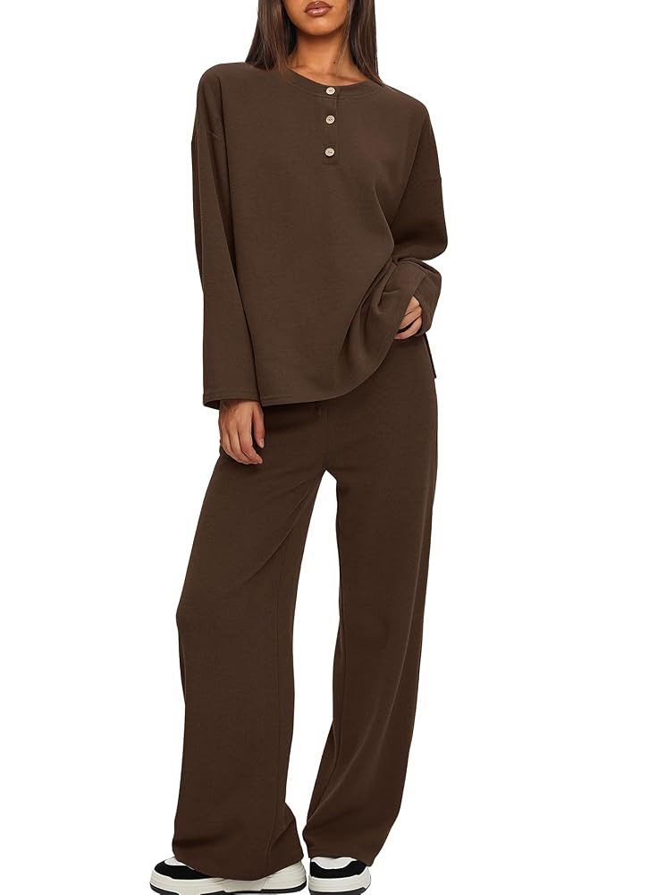 Darong Two Piece Outfits for Women Fall Lounge Sets Button Down Sweatshirt Wide Leg Pants Sweatsu... | Amazon (US)