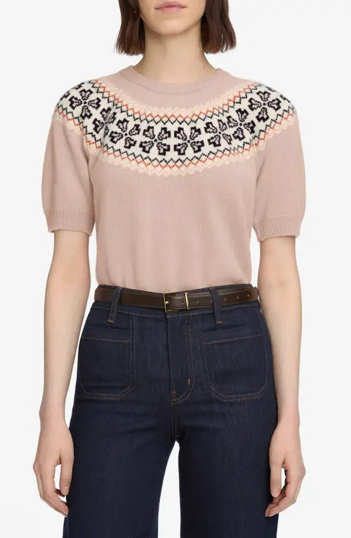 FRAME The Fair Isle Short Sleeve Cashmere Sweater in Pink Sand at Nordstrom, Size Medium | Nordstrom