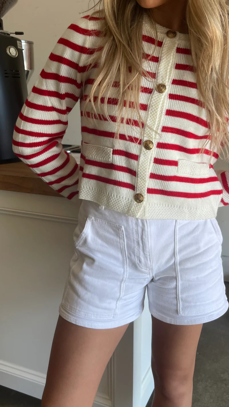 Omelia Striped Red Knit Cardigan | LLÁCIE