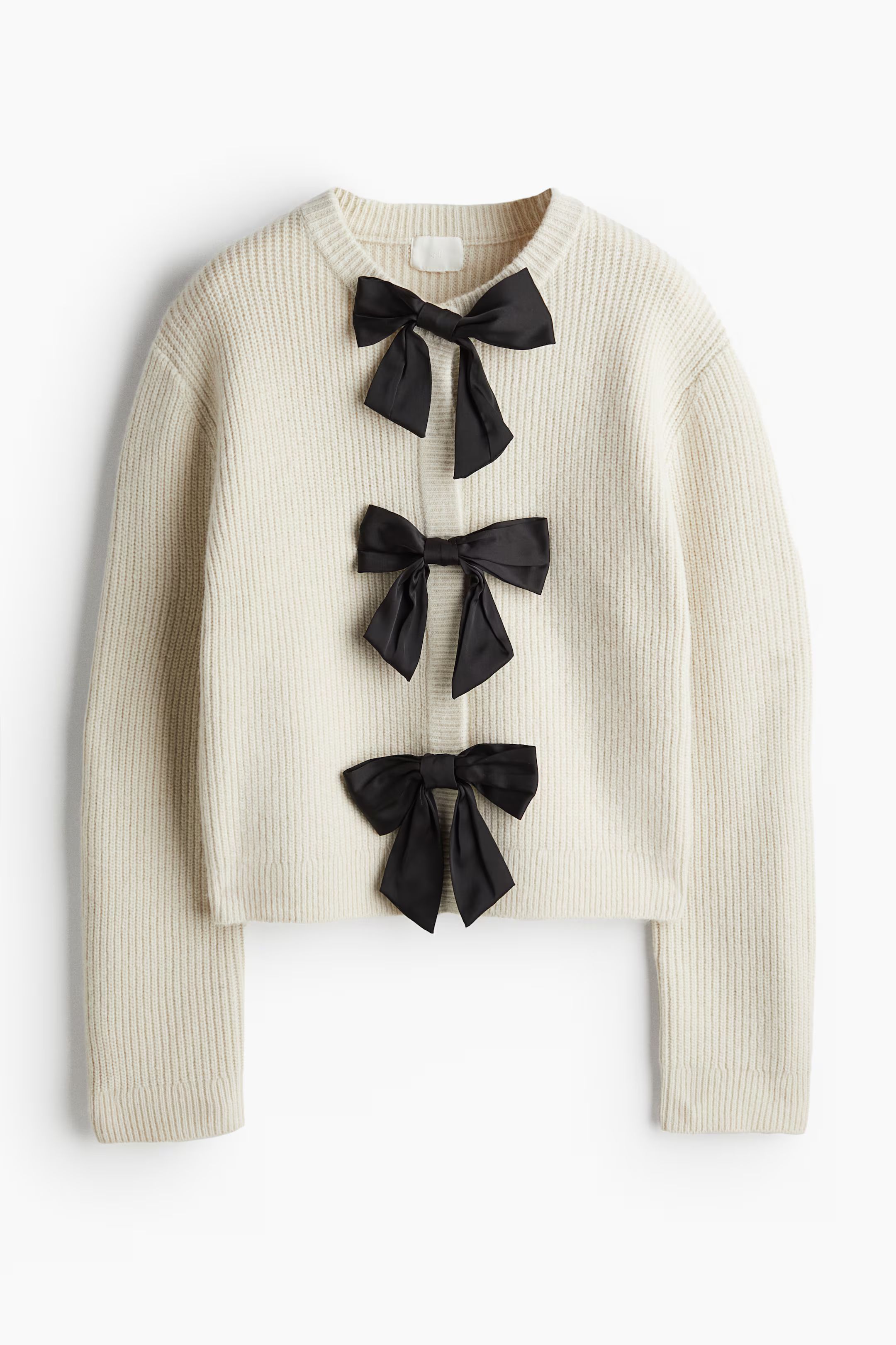 Bow-Decorated Cardigan - Round Neck - Long sleeve - Cream - Ladies | H&M US | H&M (US + CA)