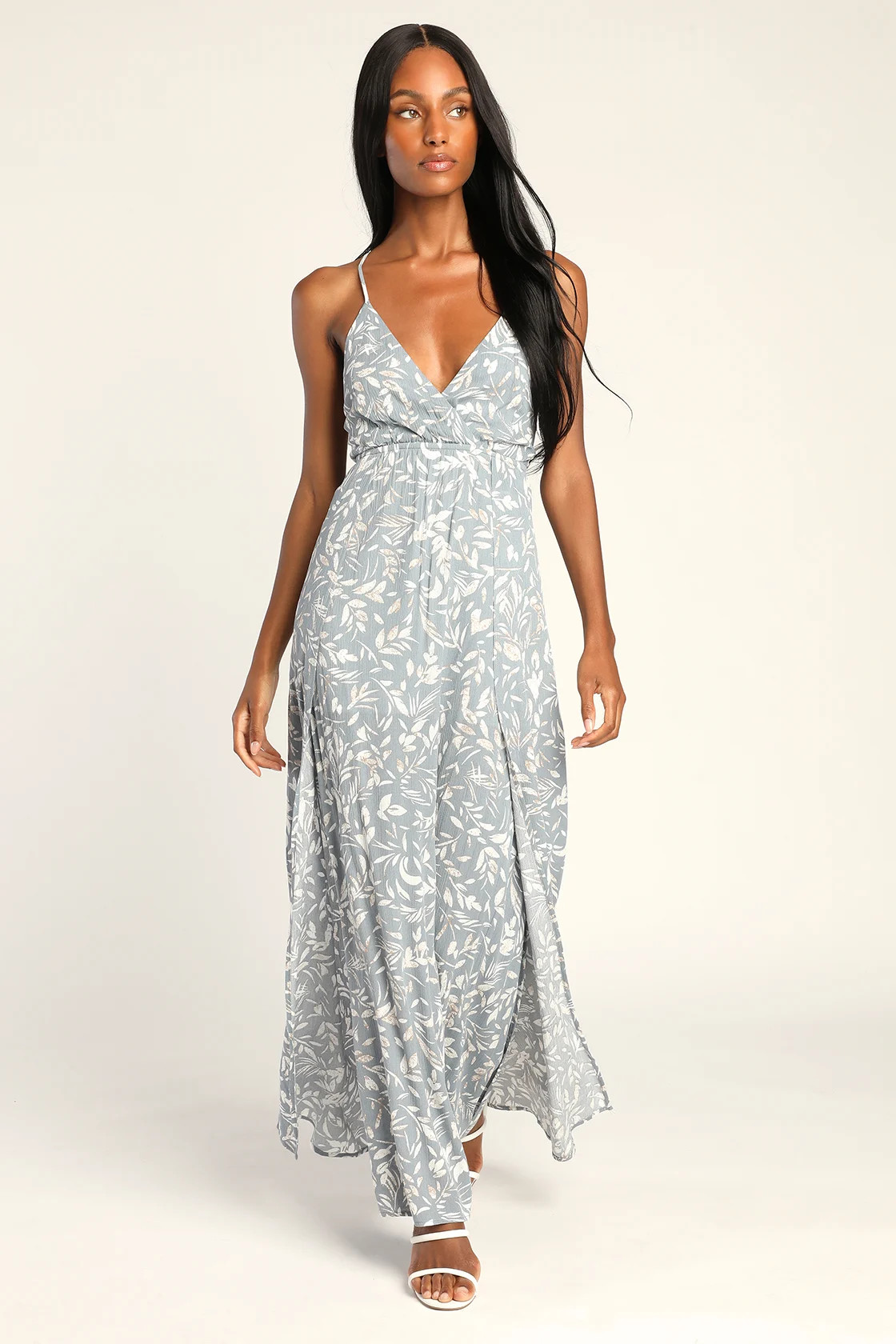 Just Breezed In Slate Blue Floral Backless Lace-Up Maxi Dress | Lulus (US)