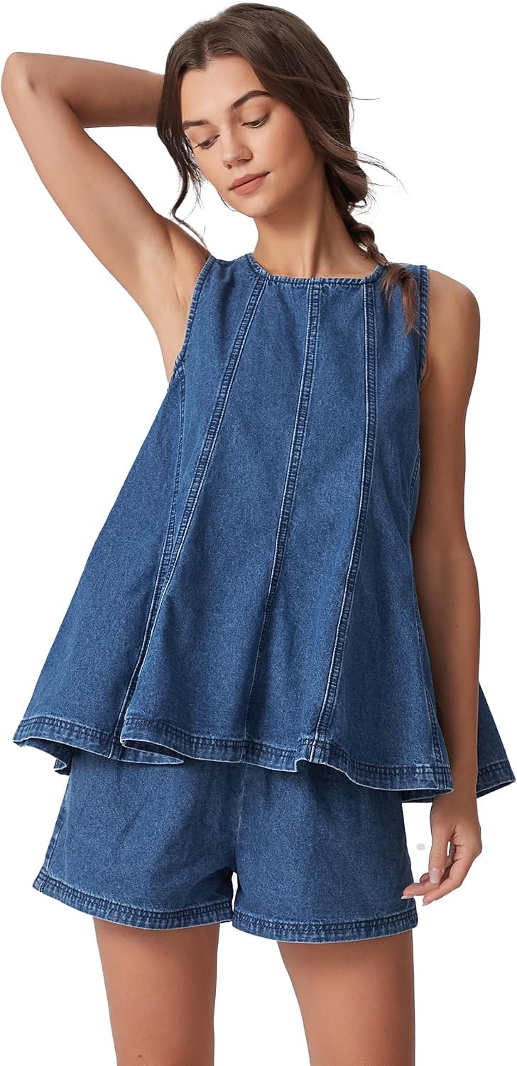 D-Sun Women 2 Piece Outfit Denim Set Sleeveless Crewneck Flared Denim Top Casual High Rise Jean Shorts Fashion Pant Suit Set | Amazon (US)
