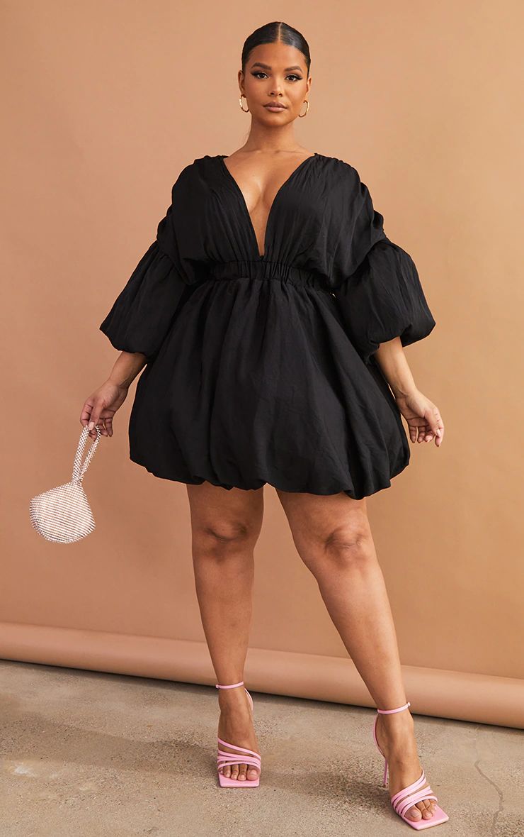 Plus Black Puff Sleeve Puffball Hem Dress | PrettyLittleThing US