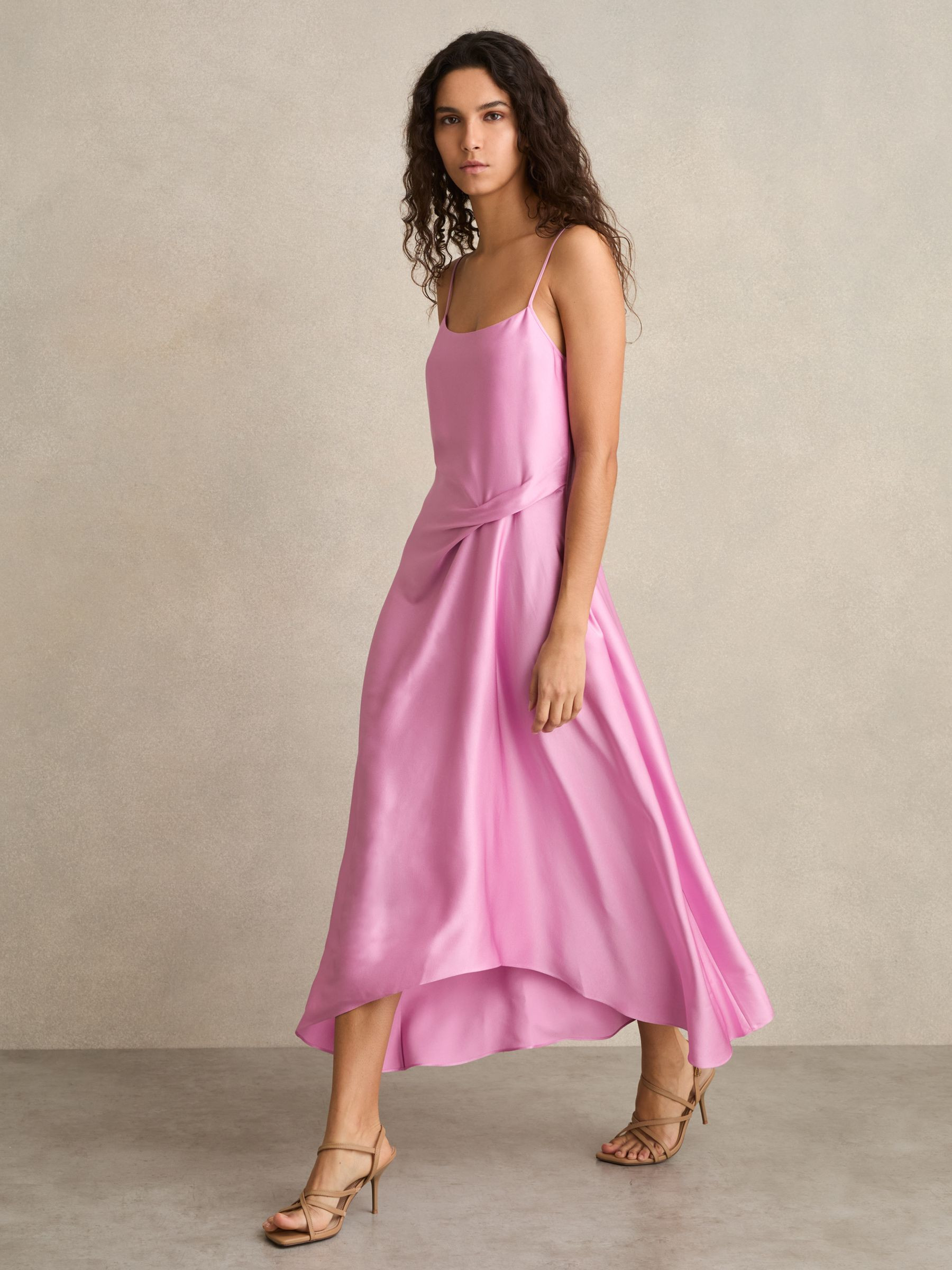 Satin Drape-Detail Slip Dress in Pink | Reiss UK