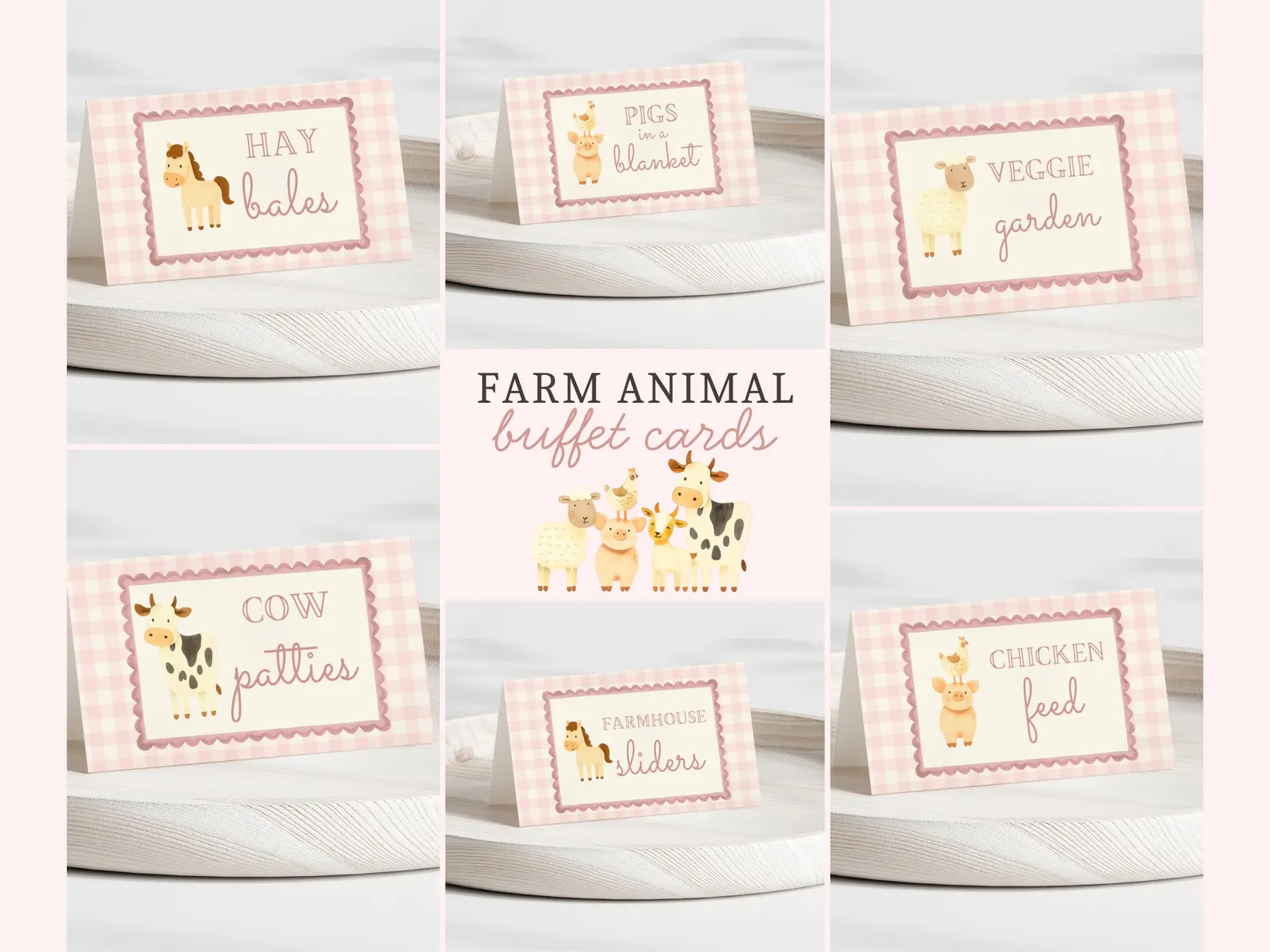 Barnyard Birthday Food Tent Cards | Pink Barnyard Buffet Template | Gingham Editable Farm Animals... | Etsy (Global)