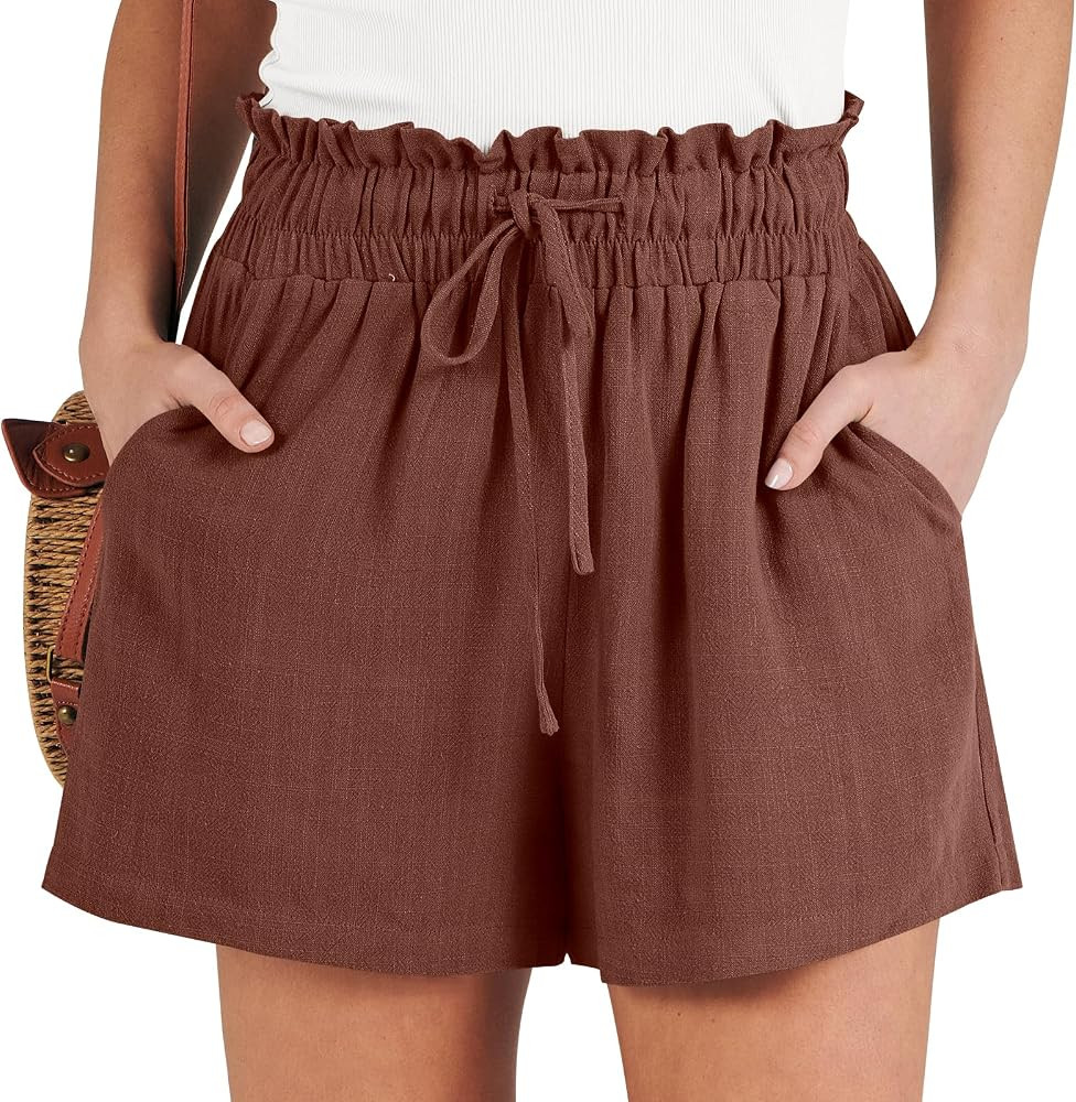 ANRABESS Linen Shorts for Women Casual High Waisted Wide Leg Drawstring Cute Summer Beach Shorts ... | Amazon (US)