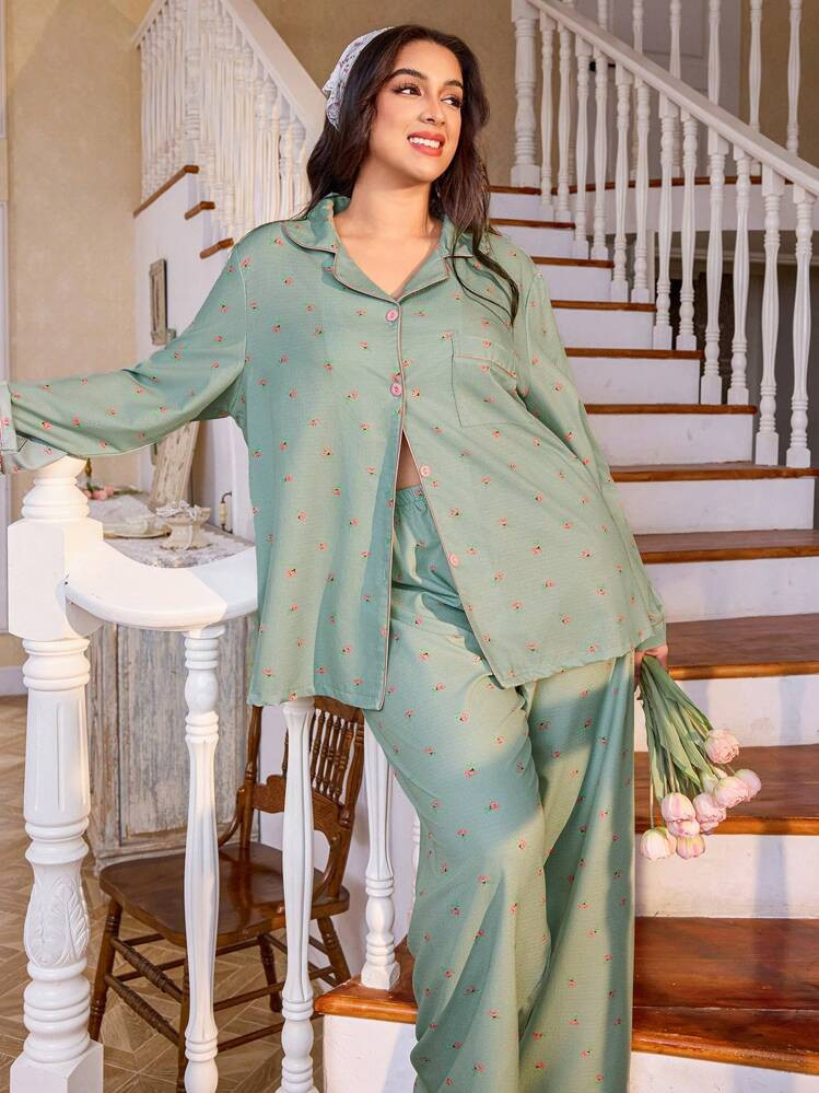 CottageSlumber Plus Size Women Romantic Ditsy Floral Pocket PJS, Spring Summer Autumn, Bountiful ... | SHEIN