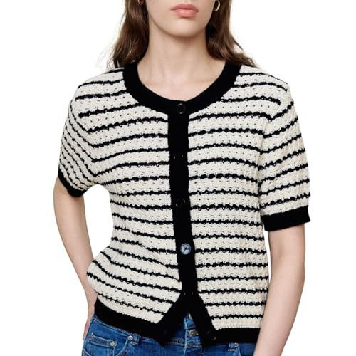 URBAN REVIVO Womens Short Sleeve Summer Cardigan Button Down Sweater Casual Crew Neck Striped Top Trendy Black, Small | Amazon (US)