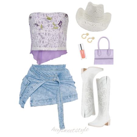 Lace overlay strapless top, wrapped denim mini skirt with pops of purple 💜🍇☂️🪻🪁

#LTKFind #LTKunder100 #LTKunder50