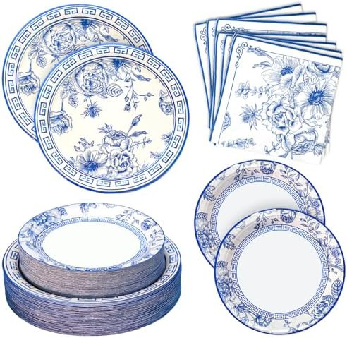 180PCS Blue White Floral Party Supplies Serve 60, Blue Flower Paper Plates and Napkins Kit for Br... | Amazon (US)