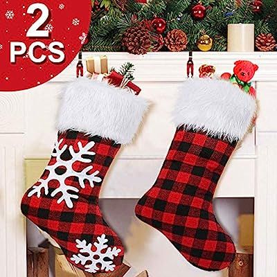 OurWarm 2Pcs Christmas Stockings, 18 Inch Plaid Snowflake with Plush Faux Fur, Classic Large Chri... | Amazon (US)