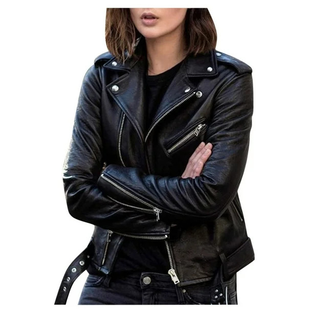 Drppepioner Women Cool Faux Leather Jacket Long Sleeve Zipper Fitted Coat Fall Short Jacket | Walmart (CA)