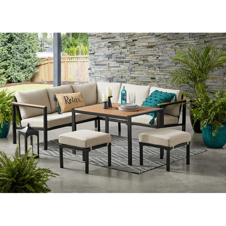 Mainstays Oakleigh 4-Piece Outdoor Patio Sectional Dining Set, Seats 6, with Olefin Cushions, Bei... | Walmart (US)