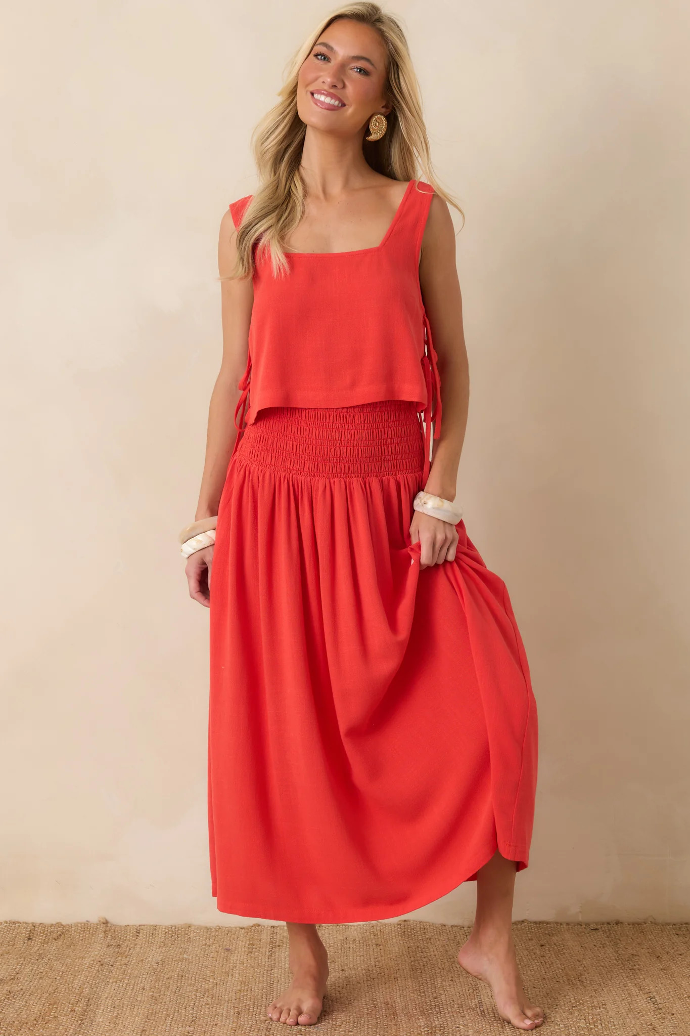 Paradisa Calista Sangria Red Linen Blend Side-Tie Crop Top | Red Dress