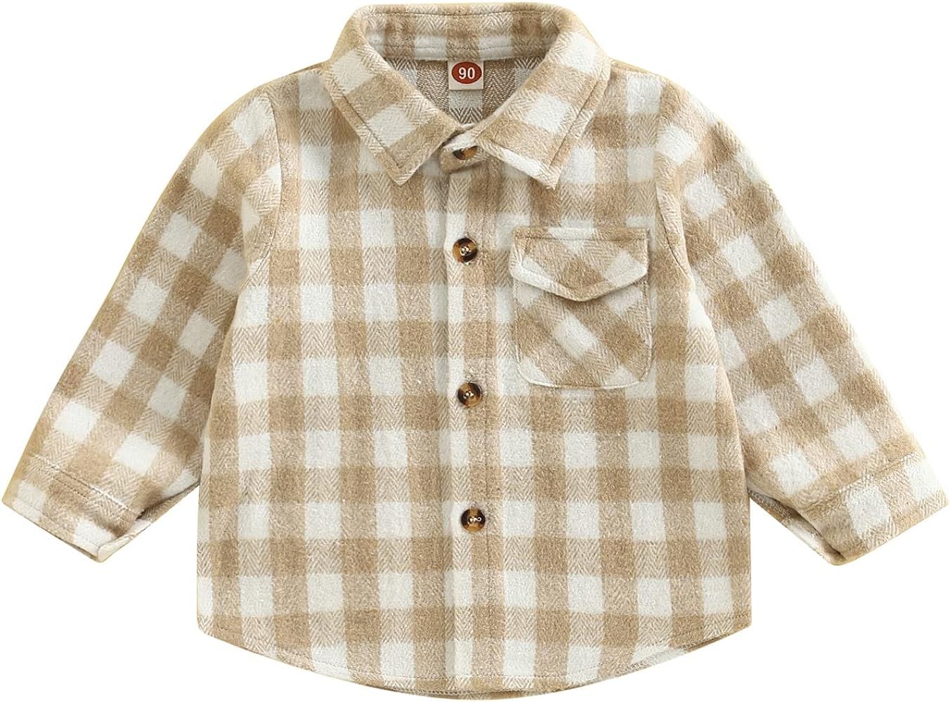 Toddler Baby Boys Girls Flannel Plaid Jacket Long Sleeve Lapel Button Down Pocketed Shirts Coats Sha | Amazon (US)