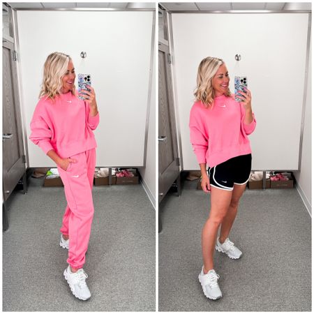 The comfiest oversized sweat set in the cutest bright pink!! The pullover is a must for sweatpants, leggings & shorts. The running shorts have a great fit with wider legs & more length, and built-in undies. 

Sweat set is oversized, I’m in an xs. I size up to a small in the shorts  

#LTKxNSale