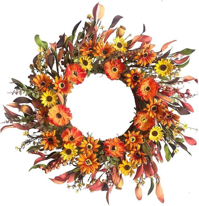 Artificial Fall Floral Wreath,Orange Daisy Wreath Autumn Wildflowers Wreath for Front Door Wall W... | Amazon (US)