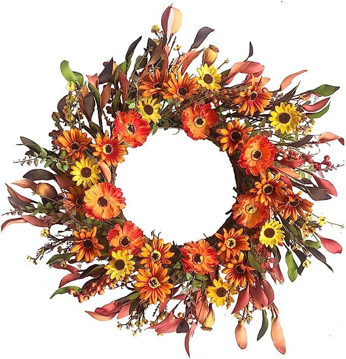 Artificial Fall Floral Wreath,Orange Daisy Wreath Autumn Wildflowers Wreath for Front Door Wall W... | Amazon (US)