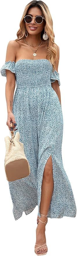 Floerns Women's Boho Floral Print Off Shoulder Split Long A Line Dress | Amazon (US)