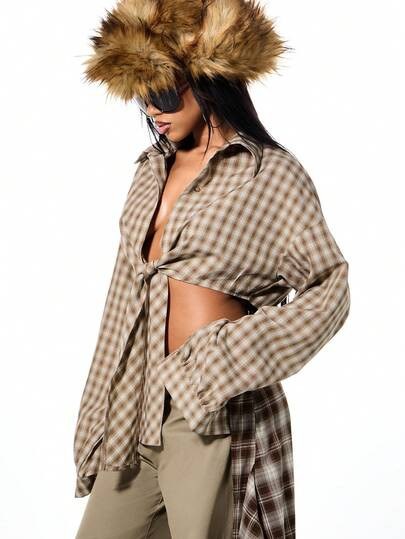 SUMWON WOMEN Check Oversized Cropped Button Down Shirt With Knot Detail Long Sleeve Collared Blou... | SHEIN