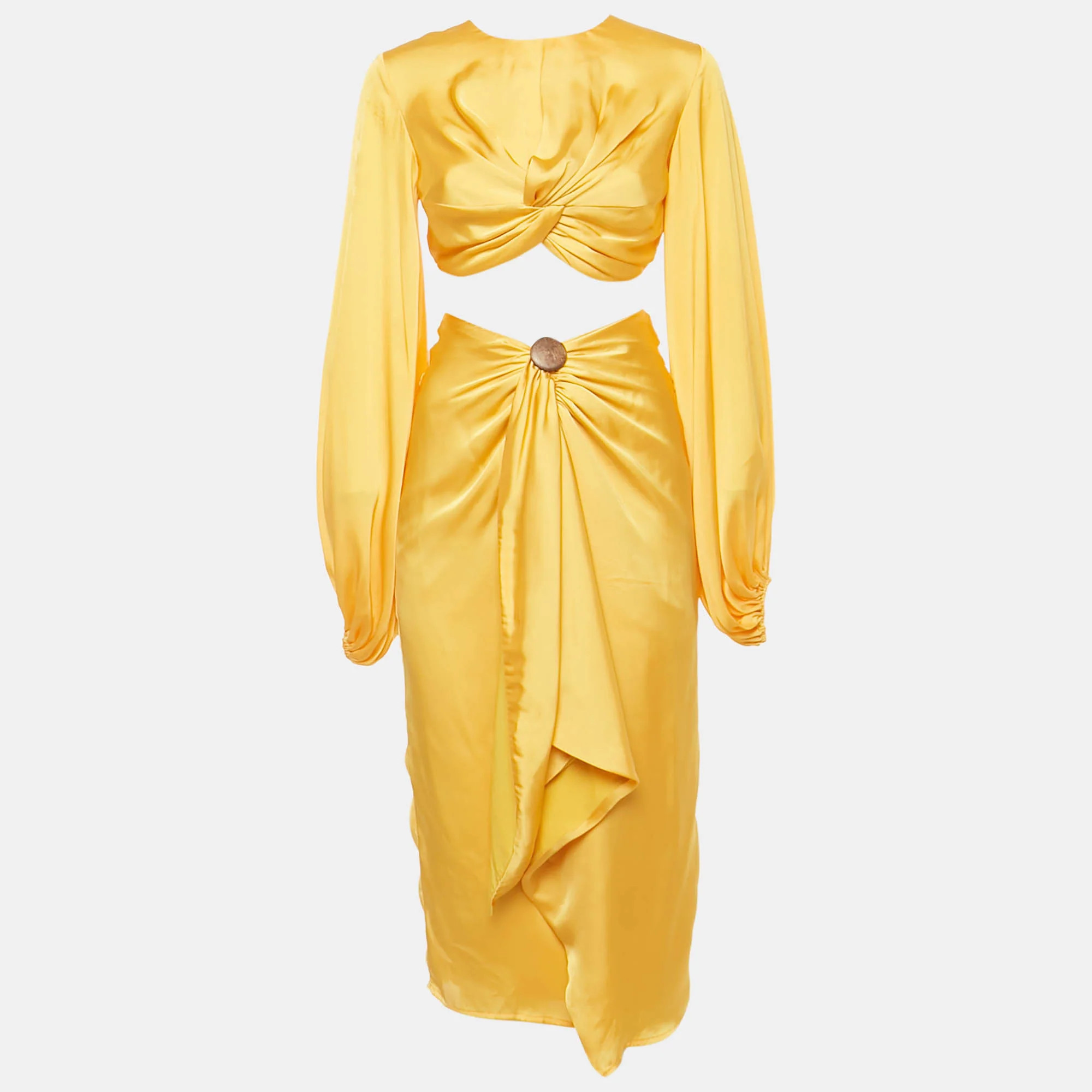 Andrea Iyamah Yellow Satin Draped Behati Crop Top And Skirt Set | Shop Simon