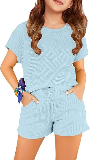 Haloumoning Girls 2 Piece Outfits Short Sleeve T Shirt and Drawstring Shorts Summer Clothing Sets | Amazon (US)