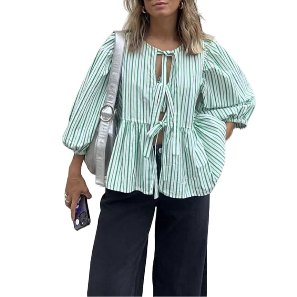 Women Y2K Peplum Shirt Bow Blouse Tie Up Front Puff Short Sleeve Ruffle Babydoll Top | Amazon (US)