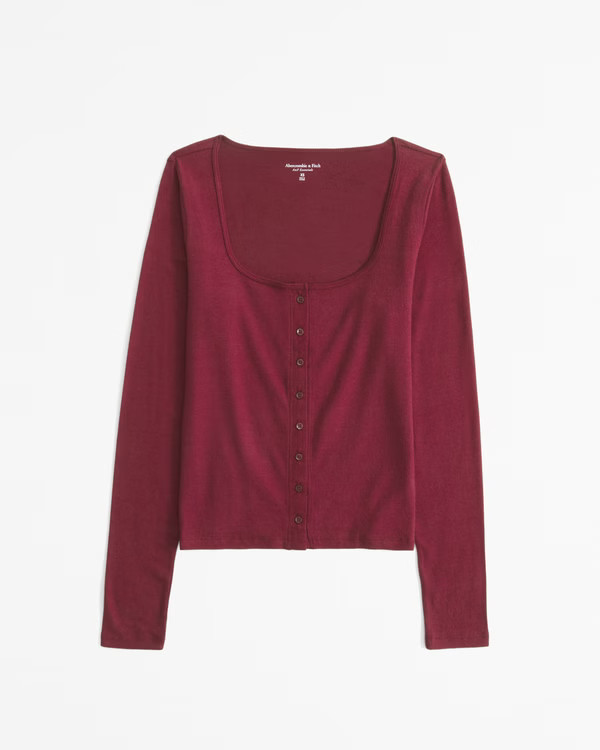Long-Sleeve Cozy Lounge Knit Cropped Button-Through Top | Abercrombie & Fitch (US)