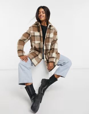 ASOS DESIGN longline shacket in brown check | ASOS (Global)