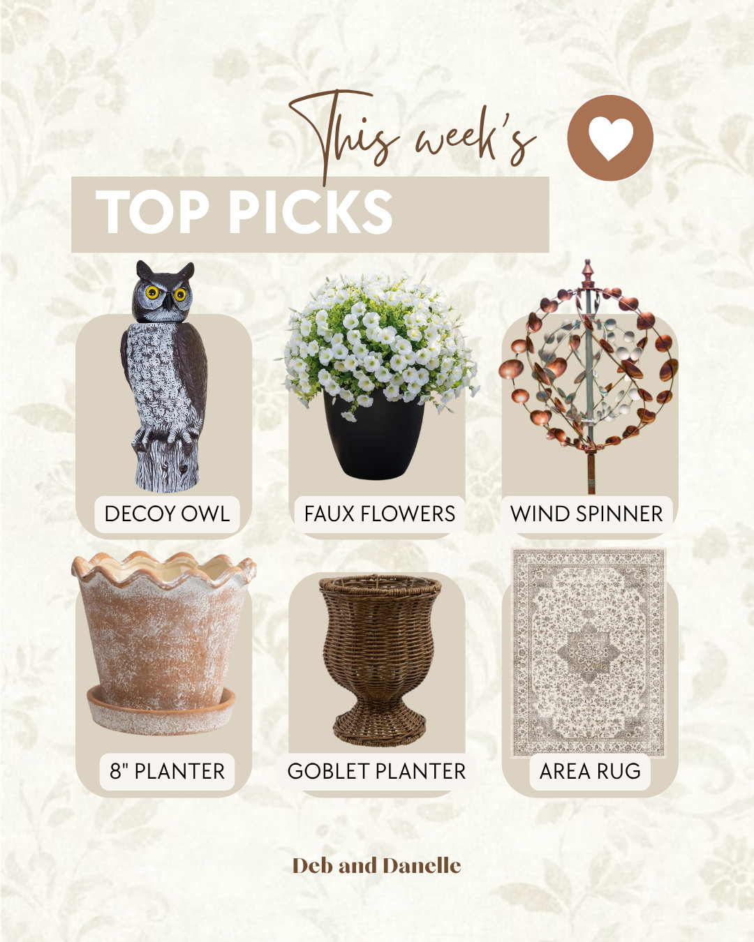 Our most-loved items of the week include the decoy owl in our garden, faux morning glorys from Wayfair, a stunning copper wind spinner, and a few of our favorite planters from Walmart.  

 #LTKSeasonal #LTKHome
