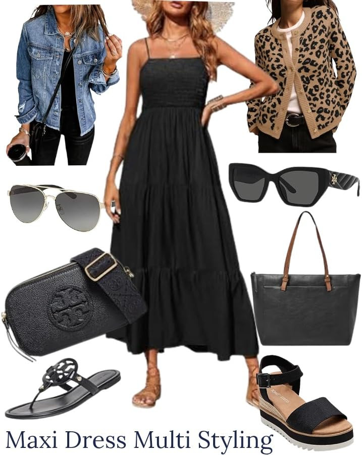 Black maxi dress outfit ideas for every season 🖤 This easy smocked maxi dress is such a versatile closet staple—style it casually with a denim jacket and sandals, dress it up with a leopard cardigan and tote, or wear it for vacation, brunch, travel days, summer outfits, and fall transition looks. Linking the black maxi dress, denim jacket, leopard cardigan, sandals, crossbody bag, tote, sunglasses, and similar finds on my LTK!

#LTKStyleTip #LTKFinds #LTKFashion #MaxiDressOutfit #BlackMaxiDress #HowToStyle #OutfitIdeas #CasualOutfit #SummerOutfit #FallTransitionOutfit #VacationOutfit #TravelStyle #WomensFashion #EverydayStyle #LeopardCardigan #DenimJacketOutfit 

 #LTKdayinmylife #LTKootd #LTKOver40