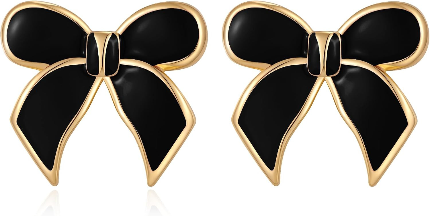 YUJIE Gold Bow Earrings for Women Black Bowtie Drop Stud Trendy Statement Jewelry Gift | Amazon (US)