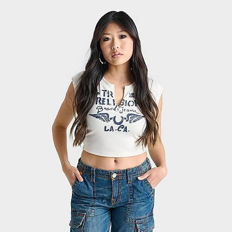 True Religion Women's Notch Short-Sleeve Crop T-Shirt in White/White Size XS Cotton/Polyester/Rayon | Finish Line (US)