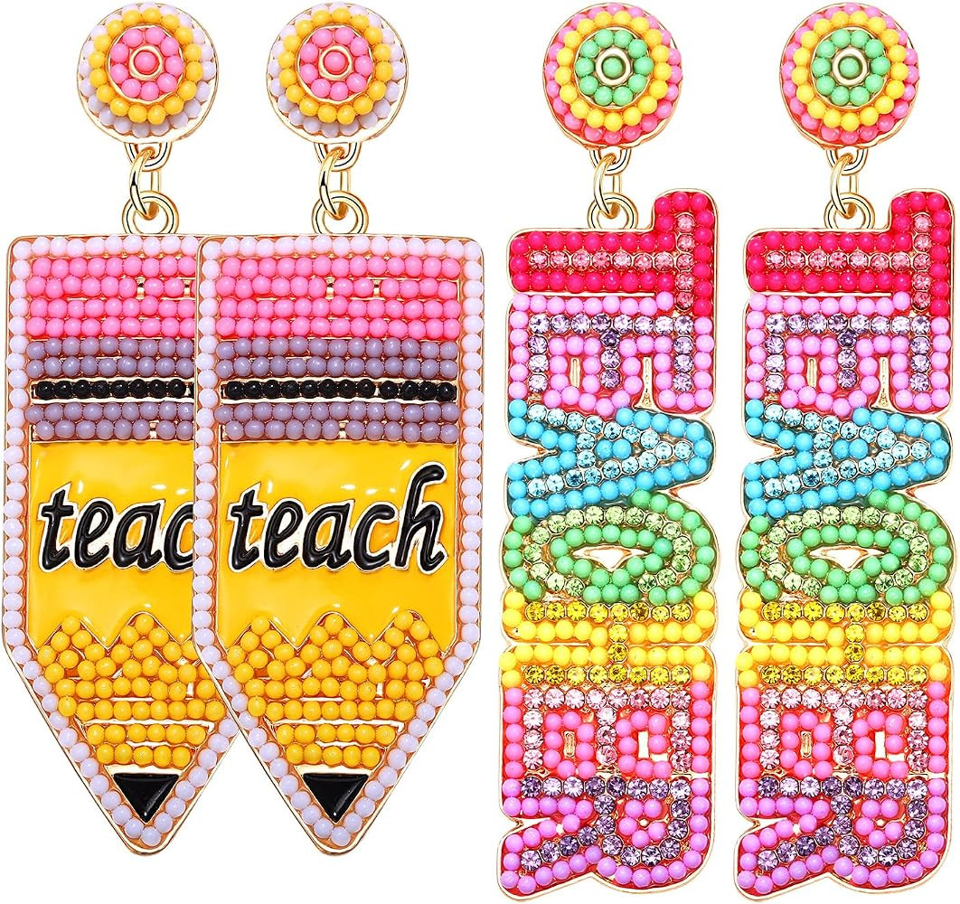 2/3 Pairs Pencil Earrings - Rhinestone Beaded Dangle Drop Earrings for Women - Colorful Teacher A... | Amazon (US)